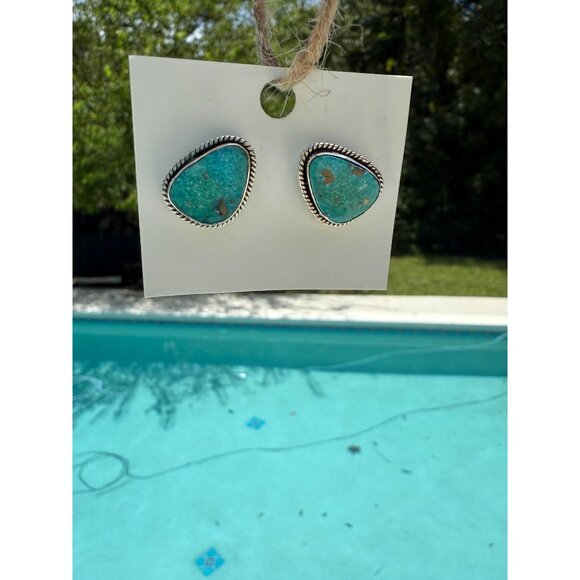 Artisan Turquoise Sterling Silver Triangle Stud Earrings Center Post Southwest - Picture 1 of 12